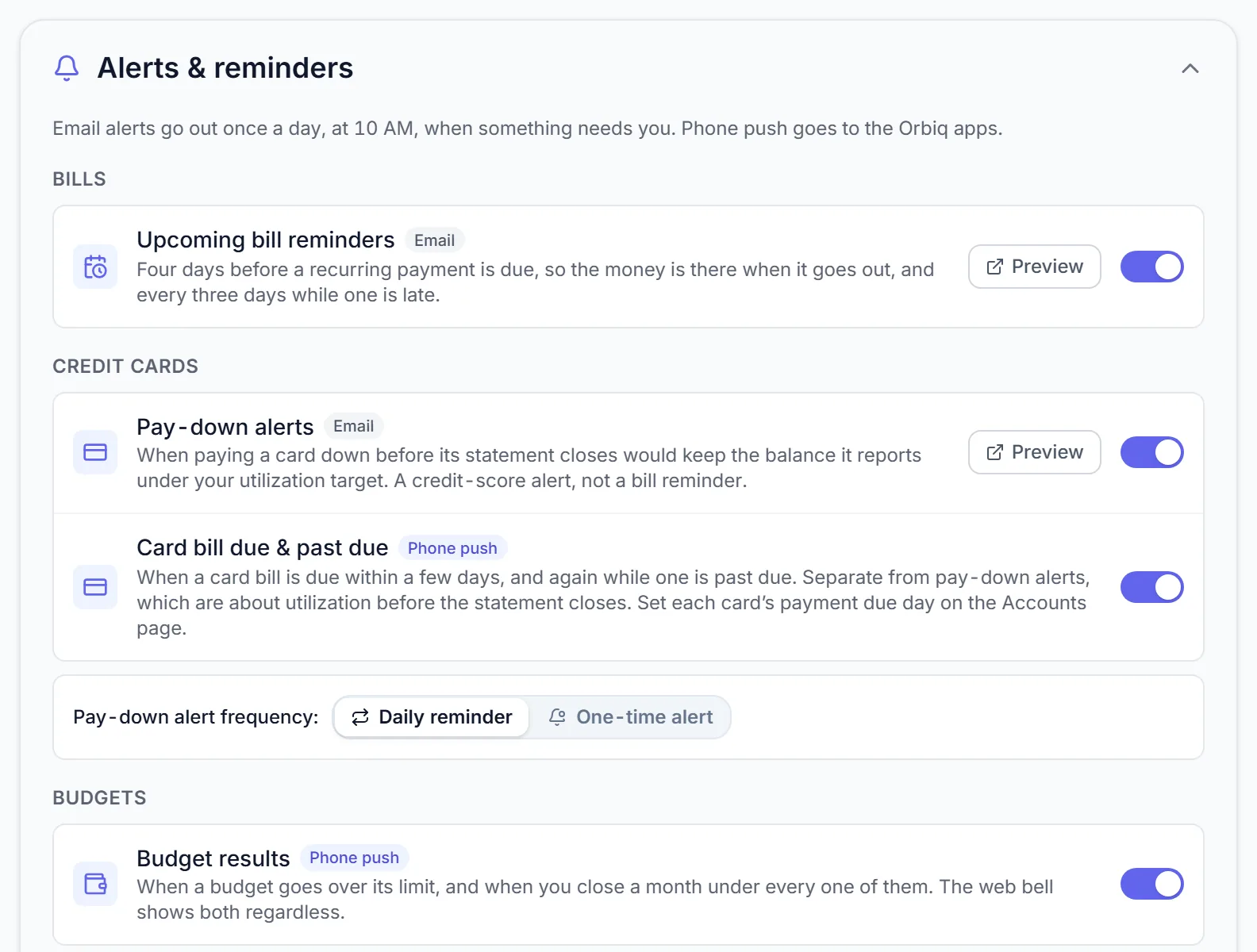 Settings, Alerts & reminders: one switch per alert, each marked email or push