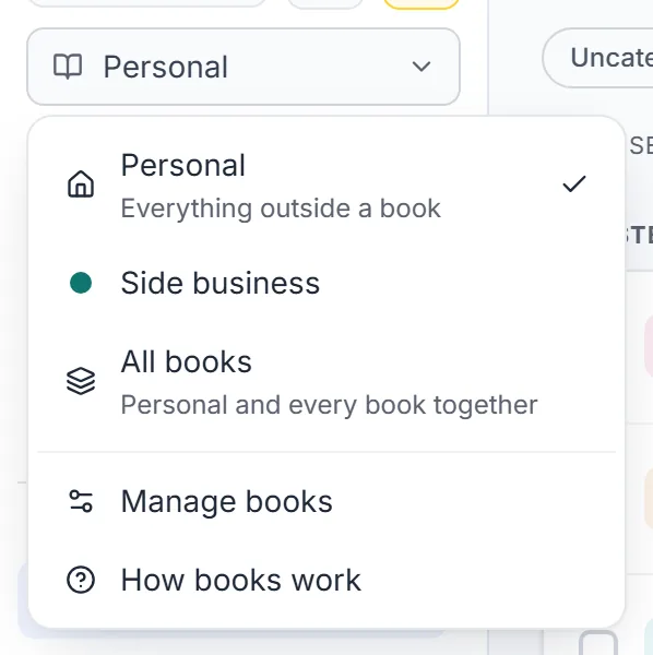 The book menu open at the top of the sidebar, with Personal and a side-business book