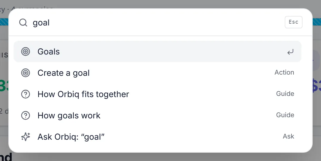 The command palette open over the dashboard, listing pages and actions