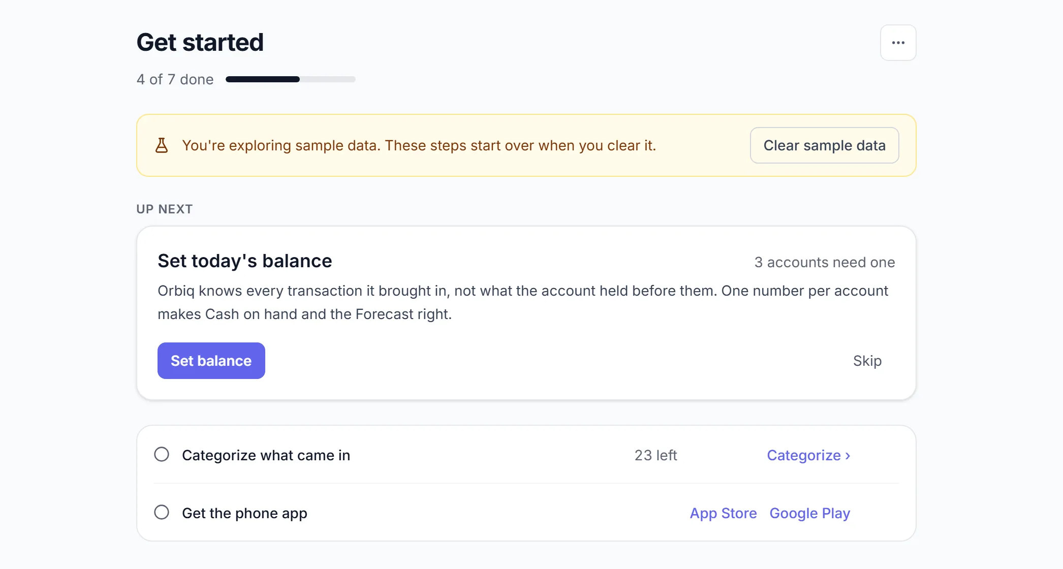 The Get started page: a counted list of steps, each with what it is for and one button