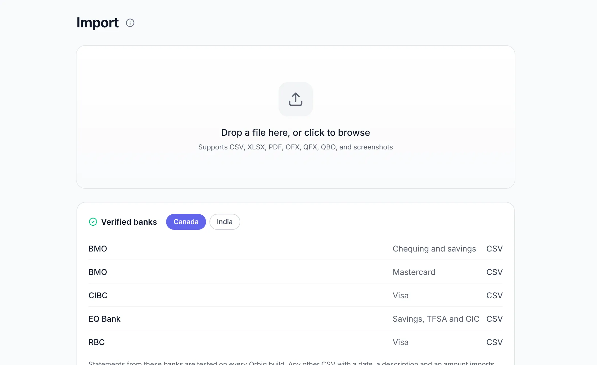 The Import page: one drop zone for every format, and the banks verified for import below it