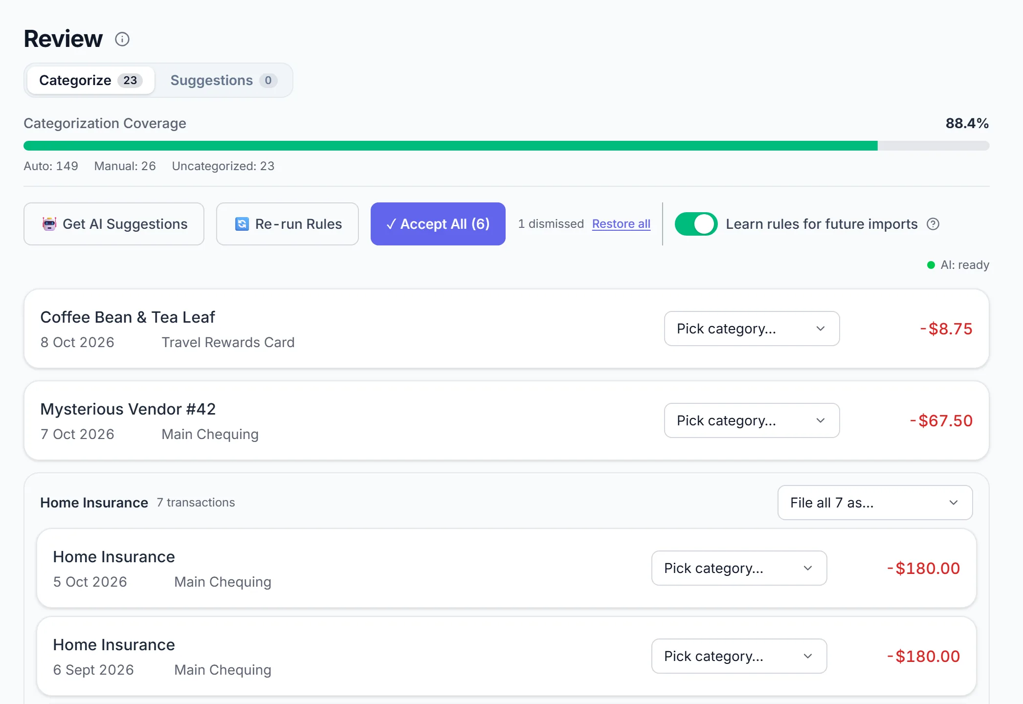 The Review page's Categorize queue: coverage at the top, then Get AI Suggestions, Re-run Rules and Accept All, then rows grouped by merchant