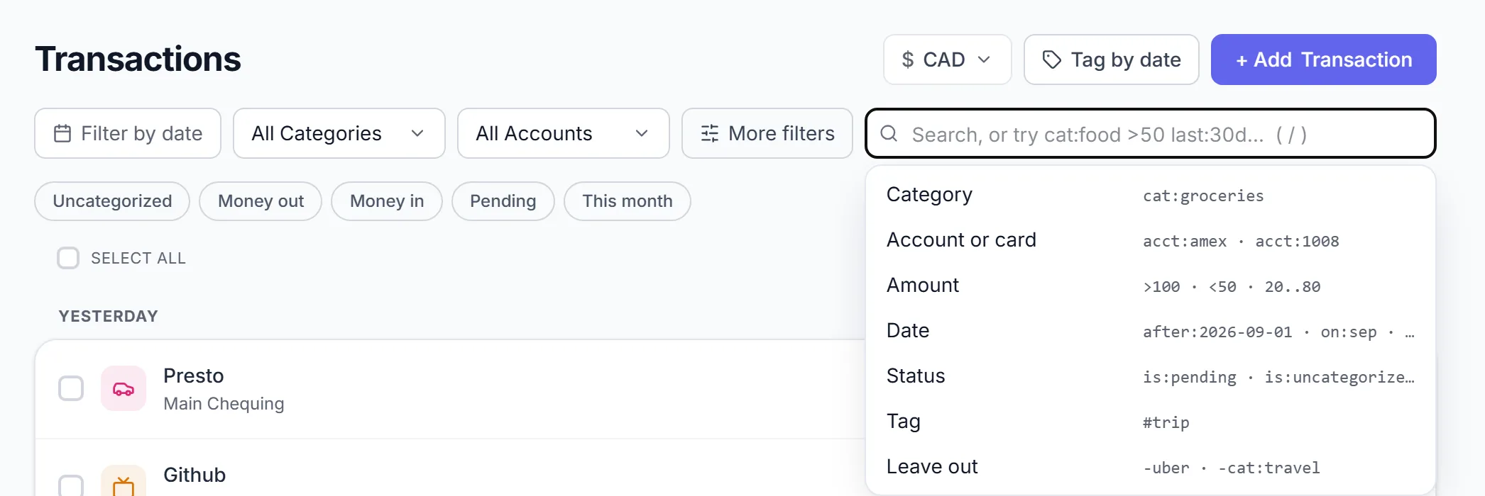 Transactions with the search box focused: the shorthand for category, account, amount, date, status, tag and leave-out